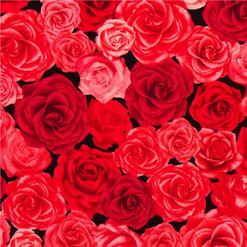 black fabric with red & pink roses from the USA Fabric