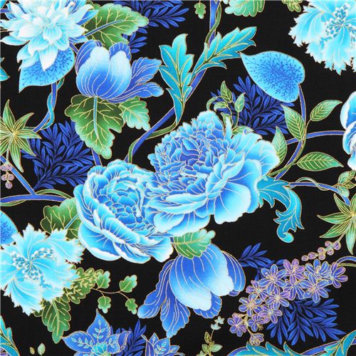 Tissu Timeless Treasures Tree of Life noir avec des fleurs Tissu