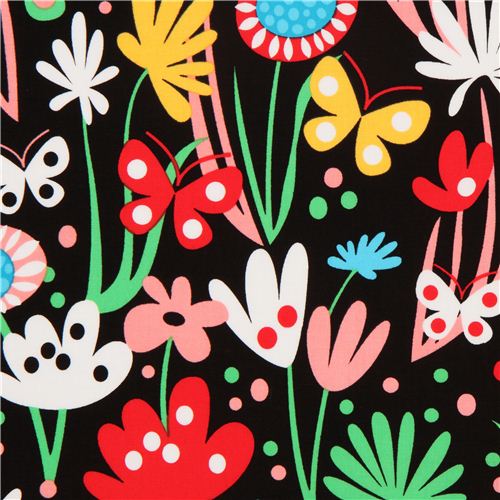 schwarzer Blumen und Schmetterling Stoff von Robert Kaufman Stoff