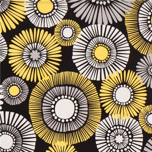 Tessuto floreale nero di Michael Miller con accenti gialli Tessuto