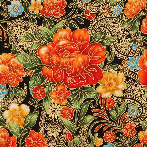black flower fabric with gold Robert Kaufman orange Fabric