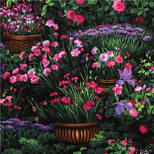 schwarzer Blumen Garten Stoff Timeless Treasures USA Stoff