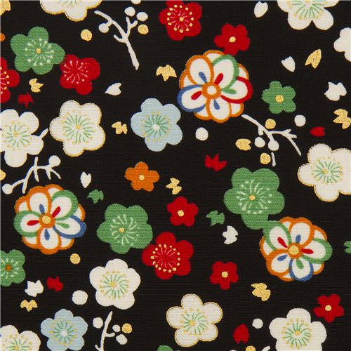 Tissu en popeline noir à fleurs par Kokka Tissu