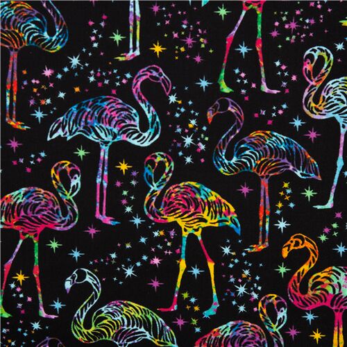 schwarz Galaxie Vogelstoff mit Regenbogen-Flamingo-Muster Stoff
