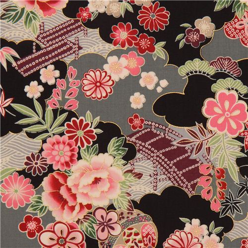 black-grey Japanese flower fabric with gold by Kokka Fabric