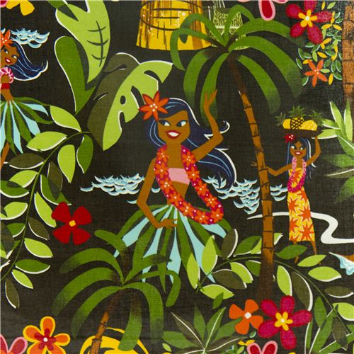 Tissu lamin Hawaii noir, danseuses Tissu