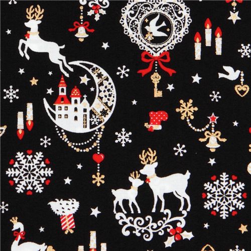 schwarz kawaii Weihnachtsstoff Bambi Hase Glitzer Japan 1