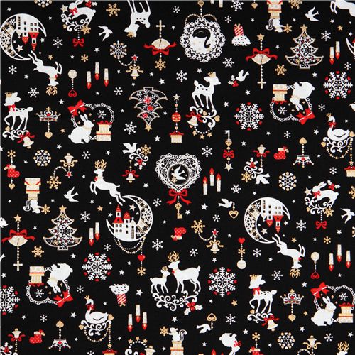 schwarz kawaii Weihnachtsstoff Bambi Hase Glitzer Japan 2