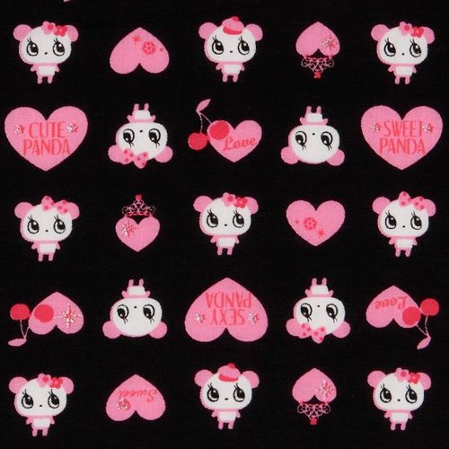 Tissu kawaii noir avec pandas et c½urs roses Tissu