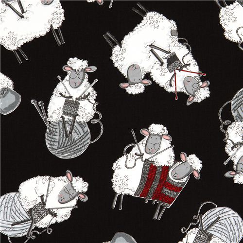 TissuTimeless Treasures noir, moutons qui tricotent Tissu