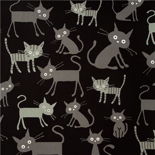 black laminate fabric from Japan with cute grey and striped cats Fabric