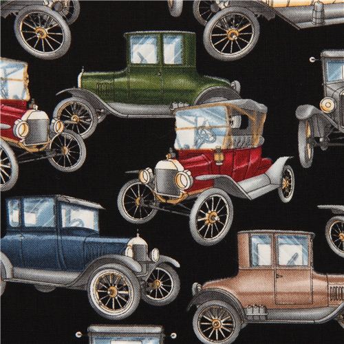 Tessuto nero con auto antiche di Timeless Treasures, USA Tessuto