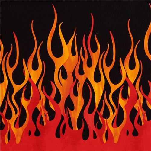 Stoffrest (43 x 112 cm) - Schwarzer orange rote Flammen Feuer Michael Miller Stoff