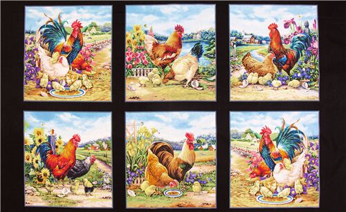 Tissu à panneaux noir avec des poulets, des scènes de la ferme, des fleurs Tissu
