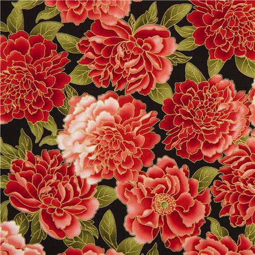 black peony flower fabric by Timeless Treasures with gold Fabric