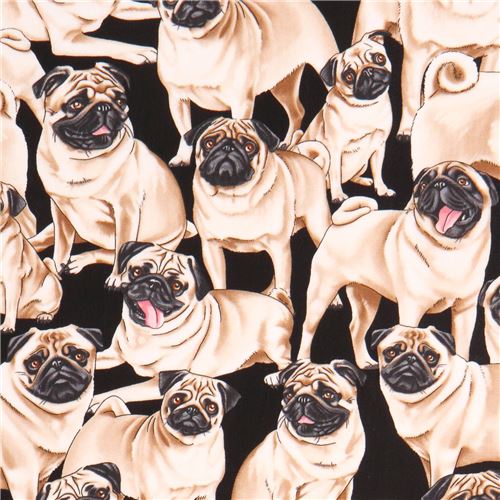 Tissu Timeless Treasures noir avec des chiens carlins Tissu