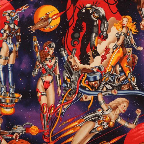 black-purple Pin up space woman fabric by Alexander Henry Fabric