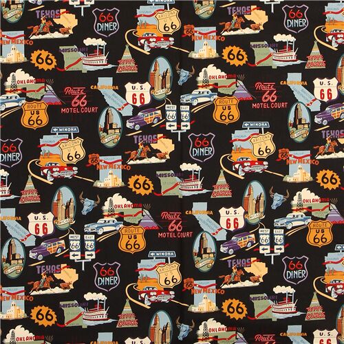 Rimanenza di (29 x 112 cm) - tessuto nero retr� route 66 insegne automobili Alexander Henry 2