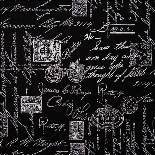 tessuto nero scritte parole Timeless Treasures vintage cartoline Tessuto