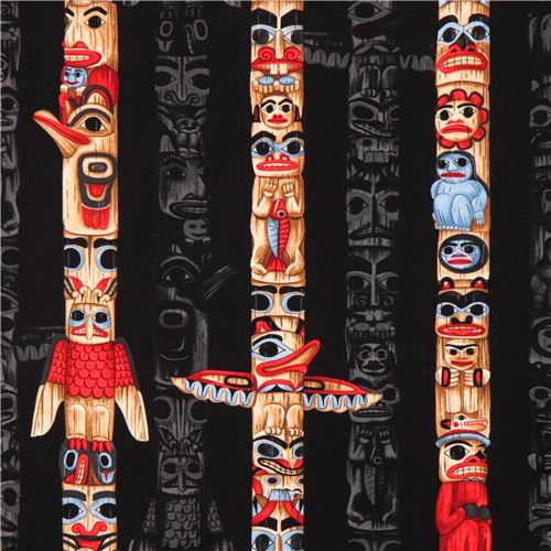 Tela negra poste ttem indio americano arte nativo de Timeless Treasures EE. UU. Tela