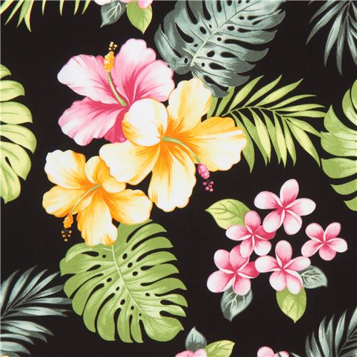 Schwarzer Stoff mit tropischen Blüten von Trans-Pacific Textiles Stoff