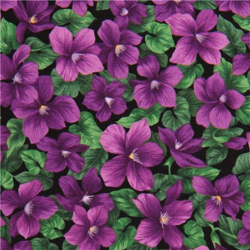 Tela negra de violetas y hojas por Timeless Treasures EEUU Tela