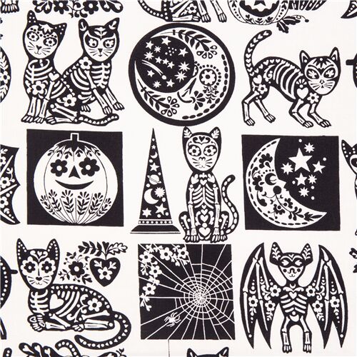 Tela de EE. UU. blanco y negro con gatos calabaza luna esqueleto calavera azcar Tela