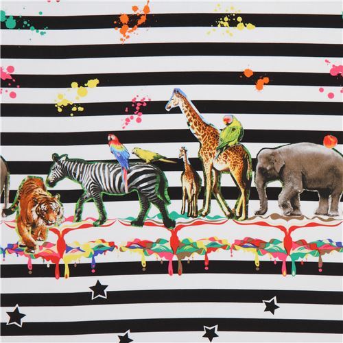 black white stripe with colorful animal oxford fabric by Kokka Candy Party Fabric