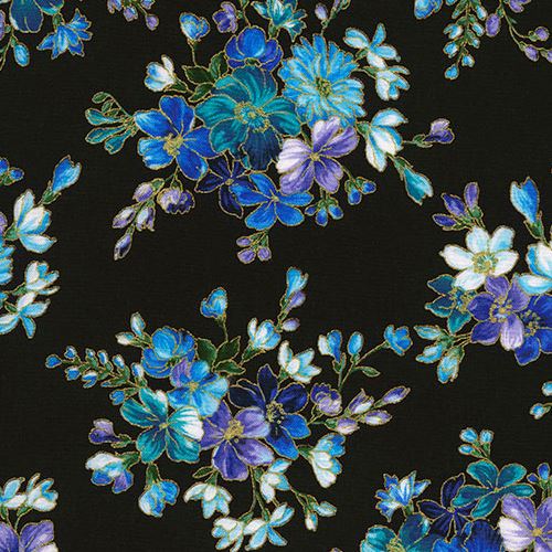 black with blue purple flower gold metallic fabric by Timeless Treasures  Fabric
