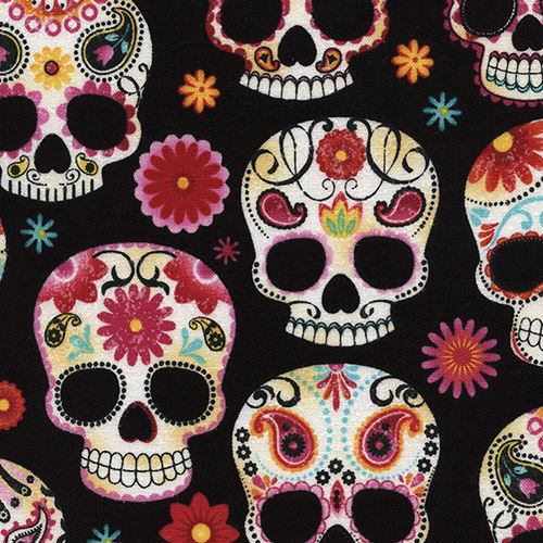 Tissu Timeless Treasures noir avec des têtes de mort multicolores Tissu