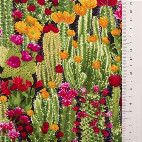 Remnant (35 x 112 cm) - black with green cactus and flower fabric Timeless Treasures 3