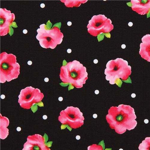 Tissu Quilting Treasures noir à pois blancs avec des fleurs roses Tissu