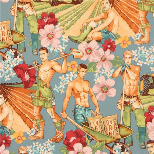 blue Alexander Henry fabric men farm flower Plowing the Field Fabric