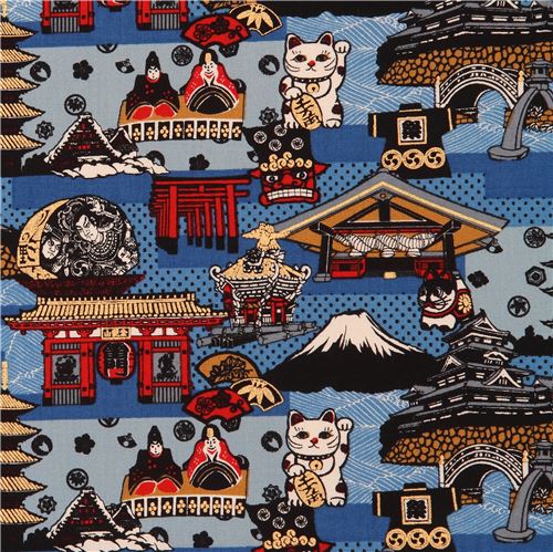 Tissu asiatique bleu, montagnes, chats porte-bonheurs, dcorations or mtallique Tissu