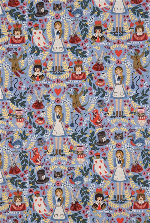 Chutes de tissu de 22 cm - Toile Cotton and Steel bleue, Alice au Pays des Merveilles, d�cos or m�ta 2