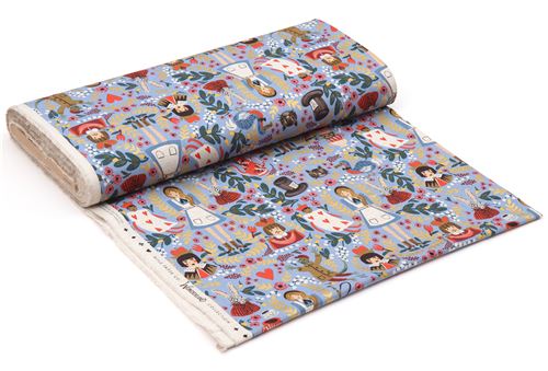 Chutes de tissu de 22 cm - Toile Cotton and Steel bleue, Alice au Pays des Merveilles, d�cos or m�ta 3