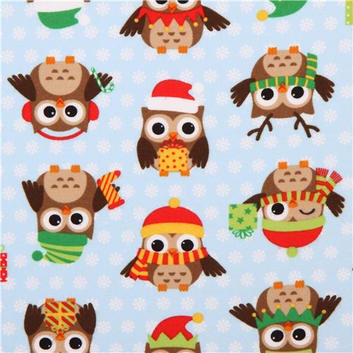 blauer Weihnachts Eulen Flanellstoff Holiday Hoot Stoff