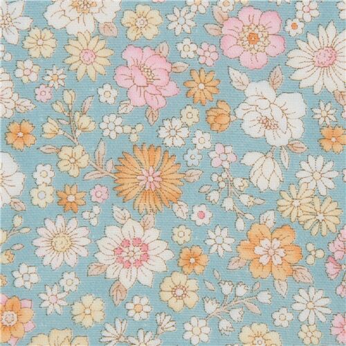 blue Cosmo double gauze fabric with small colorful flowers Fabric