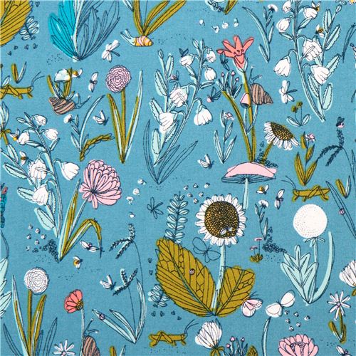 Tissu bio Cloud 9 Arcadia Dewy Garden bleu à fleurs Tissu