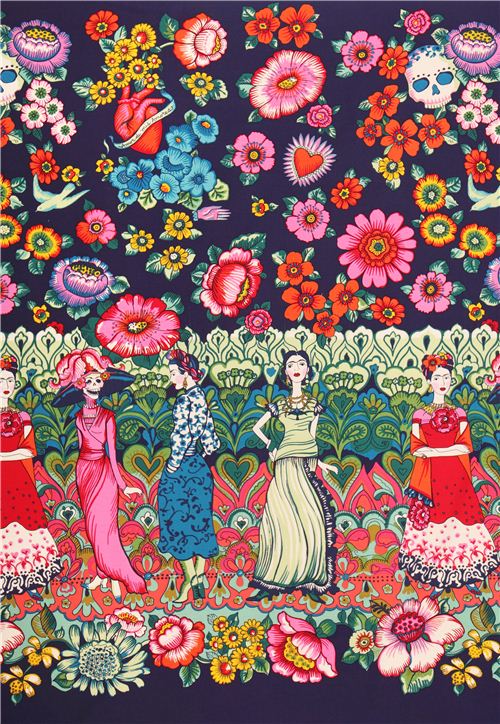 Frida La Catrina Mexican Flowers Fabric