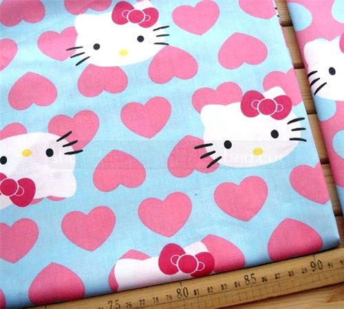 blue Hello Kitty Fabric with pink hearts kawaii 0.5m 1