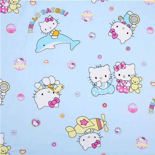 blue Hello Kitty fabric with dolphin, babys & plane 1