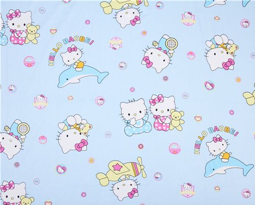 blue Hello Kitty fabric with dolphin, babys & plane 2