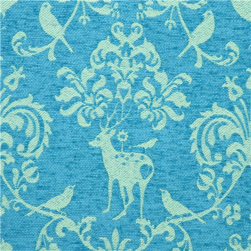 blue Jacquard echino fabric woodland stag deer bird Fabric