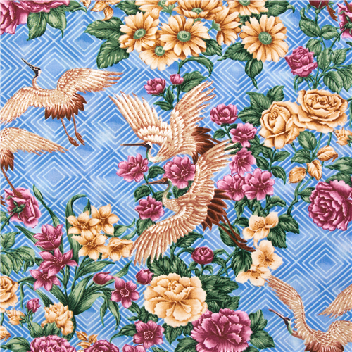 Blauer Stoff mit Japanmotiv Blumen Pfingstrosen Kraniche USA Baumwolle Stoff