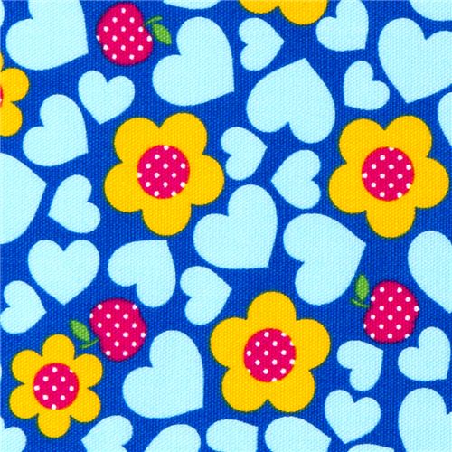 blauer japanischer Blumen Stoff mit Äpfel Herzen 1