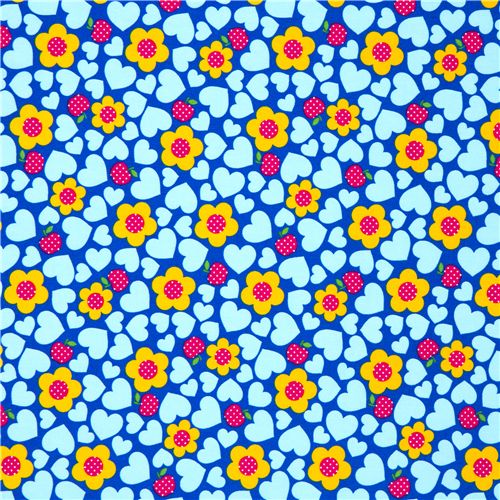 blauer japanischer Blumen Stoff mit Äpfel Herzen 2
