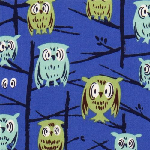 blauer Michael Miller Stoff Hoot mit Eulen auf Baum 1