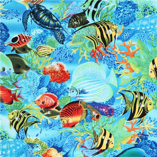 Tissu Michael Miller bleu, poissons tropicaux multicolores, Tropical Fish Tissu