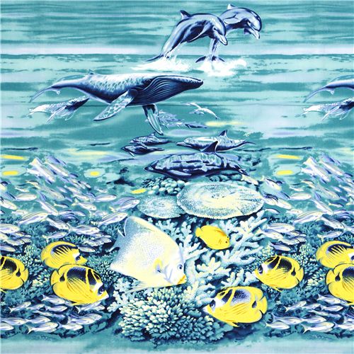 blauer Michael Miller Stoff mit Wal Delfin Fisch Ozean 1